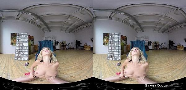  Lovely blonde amateur with natural tits stripping in VR
